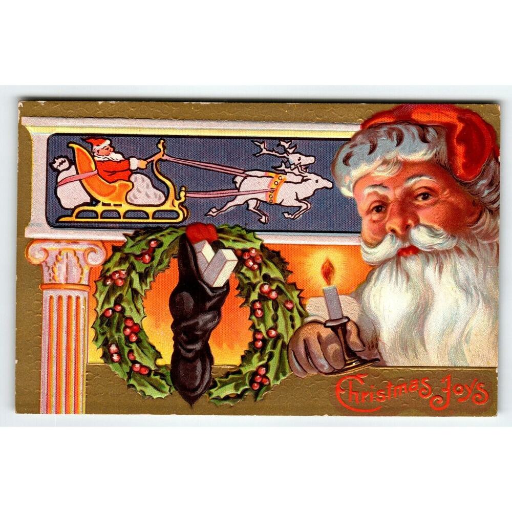 Santa Claus Christmas Joys Postcard Saint Nick Reindeer Wreath Candle Embossed